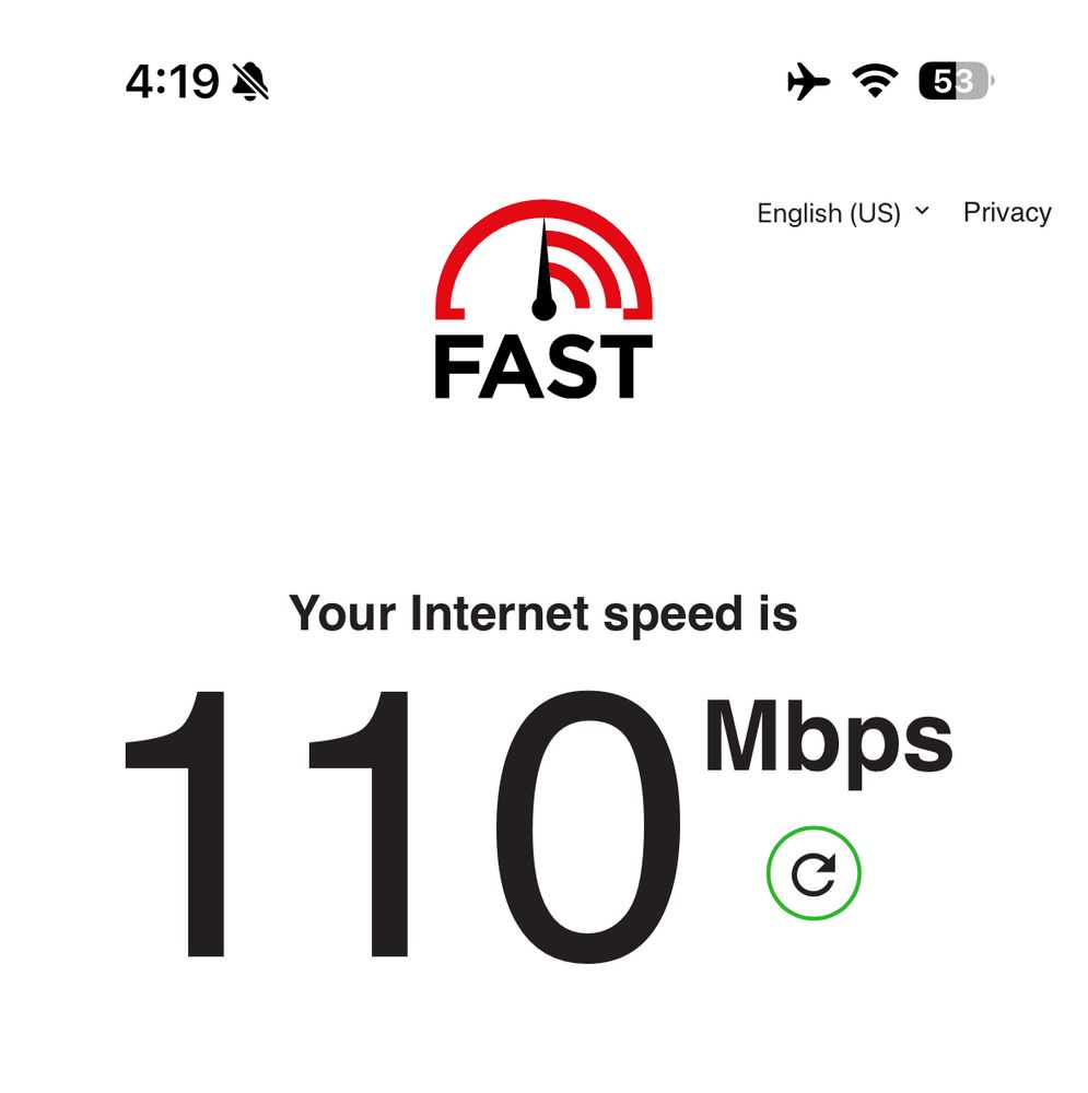 Screenshot of fast.com displaying 110mbps