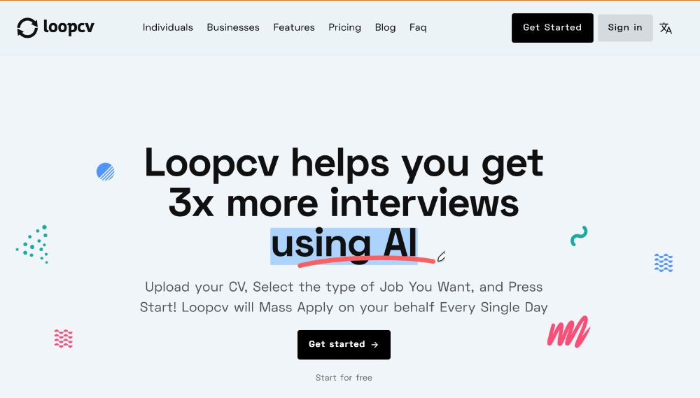 Screenshot of LoopCV website with "using AI" highlighted