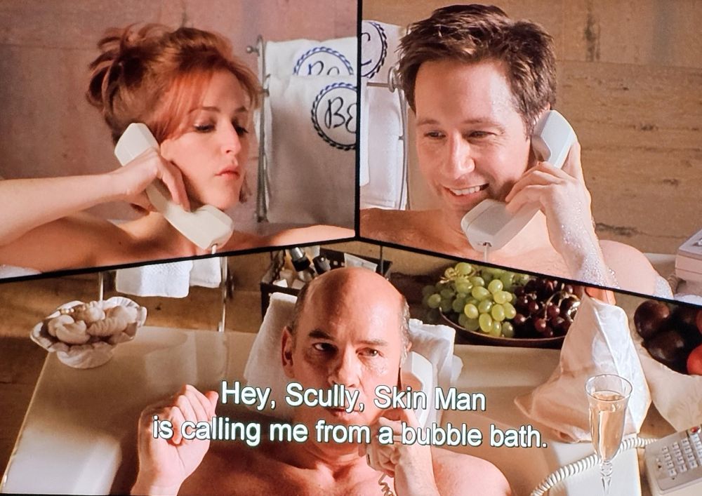 Skully, mulder and skinner, calling each other from the bath