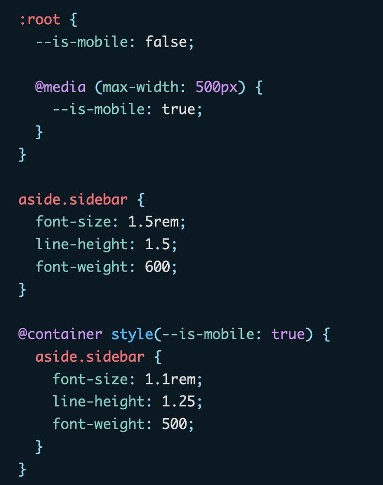 Screenshot of CSS code demonstrating @container style rules (linked in post)