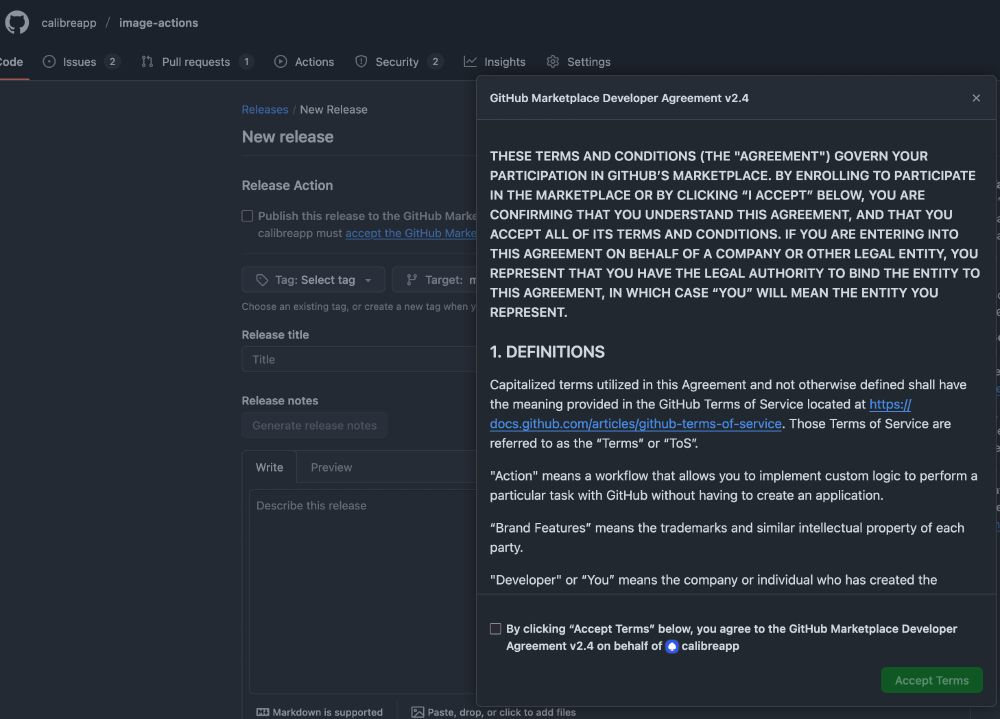Screenshot of GitHub blocking publication of Action to marketplace without agreeing to new terms.