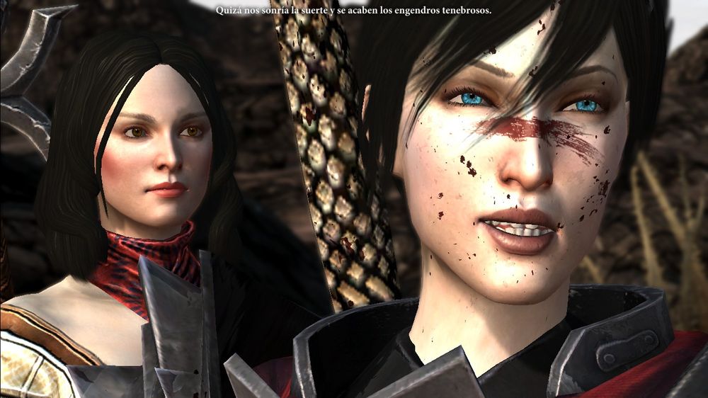 Mi Hawke de cerca, hablando con su hermana Bethany diciendole que quizás les sonría la suerte y se acaben los engendros tenebrosos