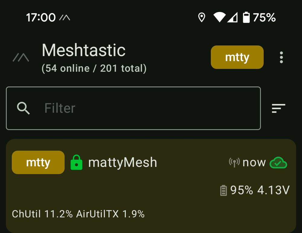 The meshtastic app on my Android phone. It is showing 54 nodes online out of 201 total. 