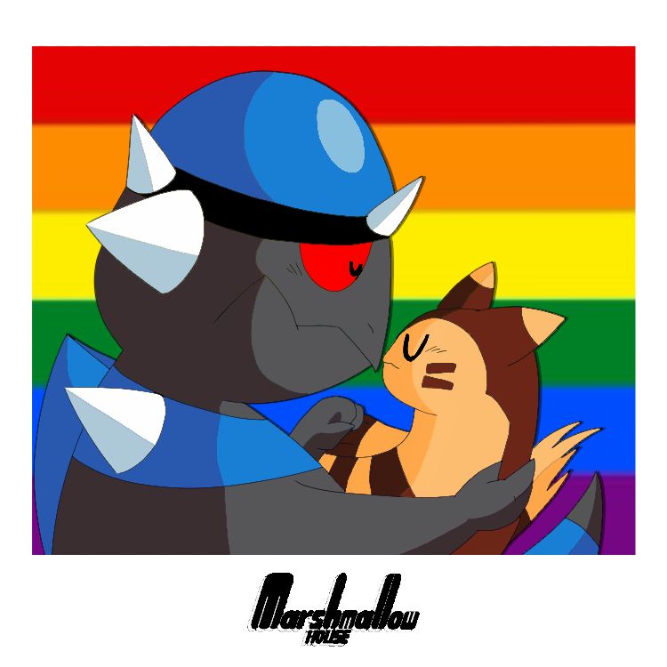 Pride-month themed artwork of Rampardos and Furret from Pokémon Mystery Dungeon Adventures at a photo booth kissing. Both are holding each other softly for the camera. This is the final piece of this set. 