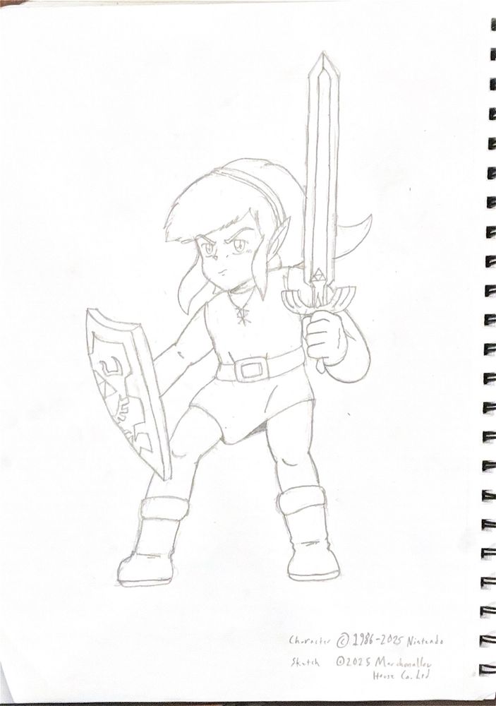 A photo of Link posing in a manner similar to his Japanese box art for Zelda II: The Adventure of Link. He is wearing his classic tunic, whilst wielding the Master Sword and Hylian Shield. Below are copyrights for Nintendo, (owner of Link) and Marshmallow House, (my brand name).