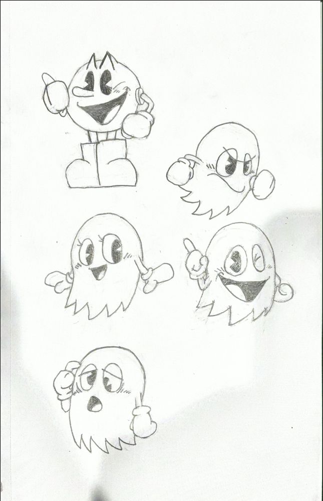 Sketches of Pac-Man and the Ghost Gang. From top left to bottom left: Pac-Man, Blinky, Pinky, Inky, Clyde.