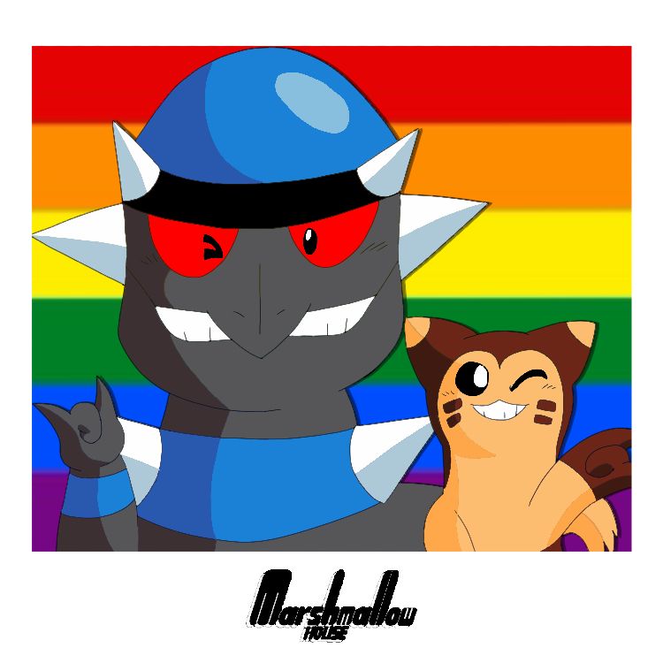 Pride-month themed artwork of Rampardos and Furret from Pokémon Mystery Dungeon Adventures at a photo booth winking at the camera with a toothy smile and doing “Rumic hands” (“I love you” hand gesture.)