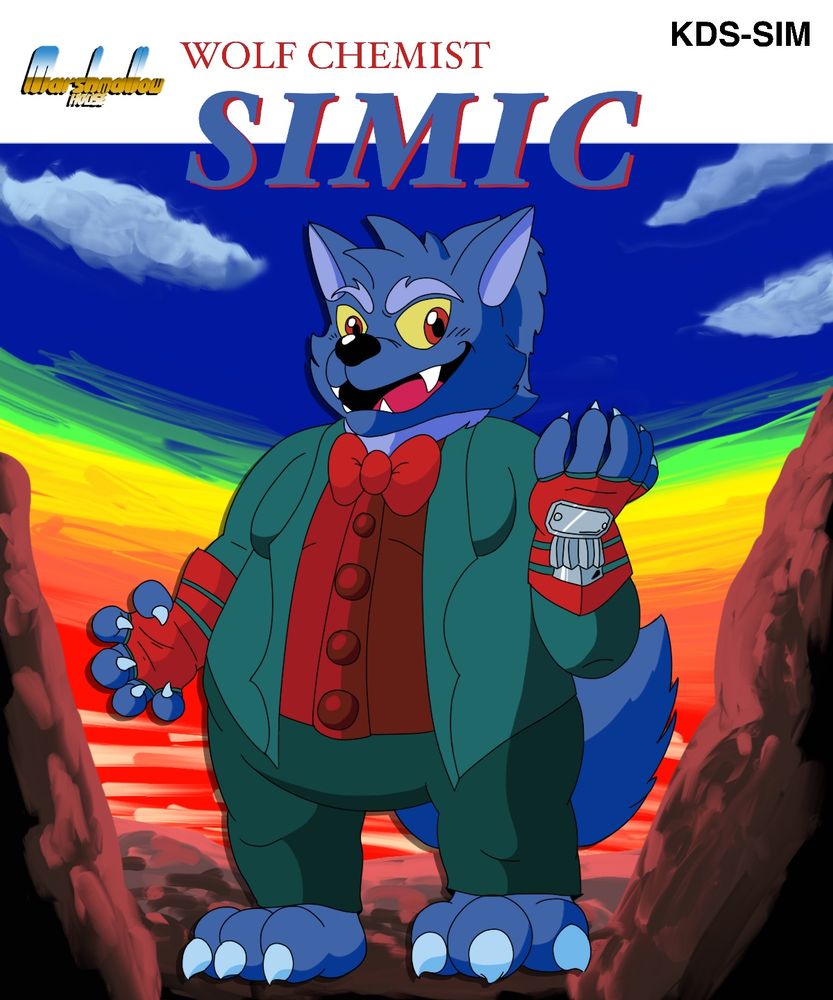Simic the Wolf standing in front of a background reminiscent of the FDS/FC/NES box art for Castlevania, with a Famicom Disk System styled header.