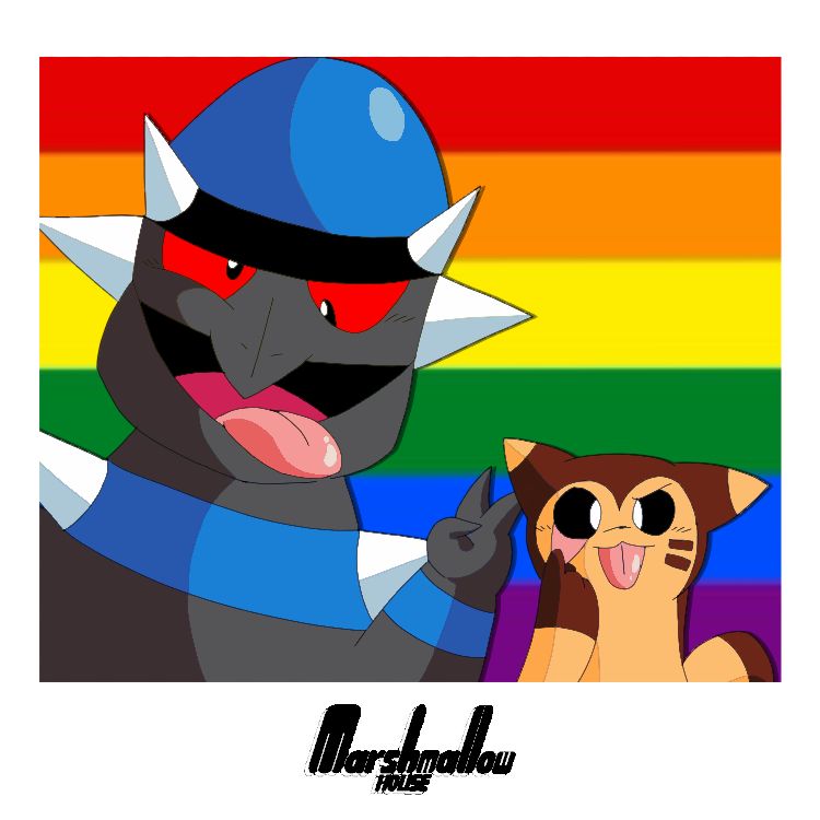 Pride-month themed artwork of Rampardos and Furret from Pokémon Mystery Dungeon Adventures at a photo booth making silly faces. Rampardos appears cross-eyed sticking his tongue out while doing a peace sign while Furret pulls down his right eyelid and sticks his tongue out.