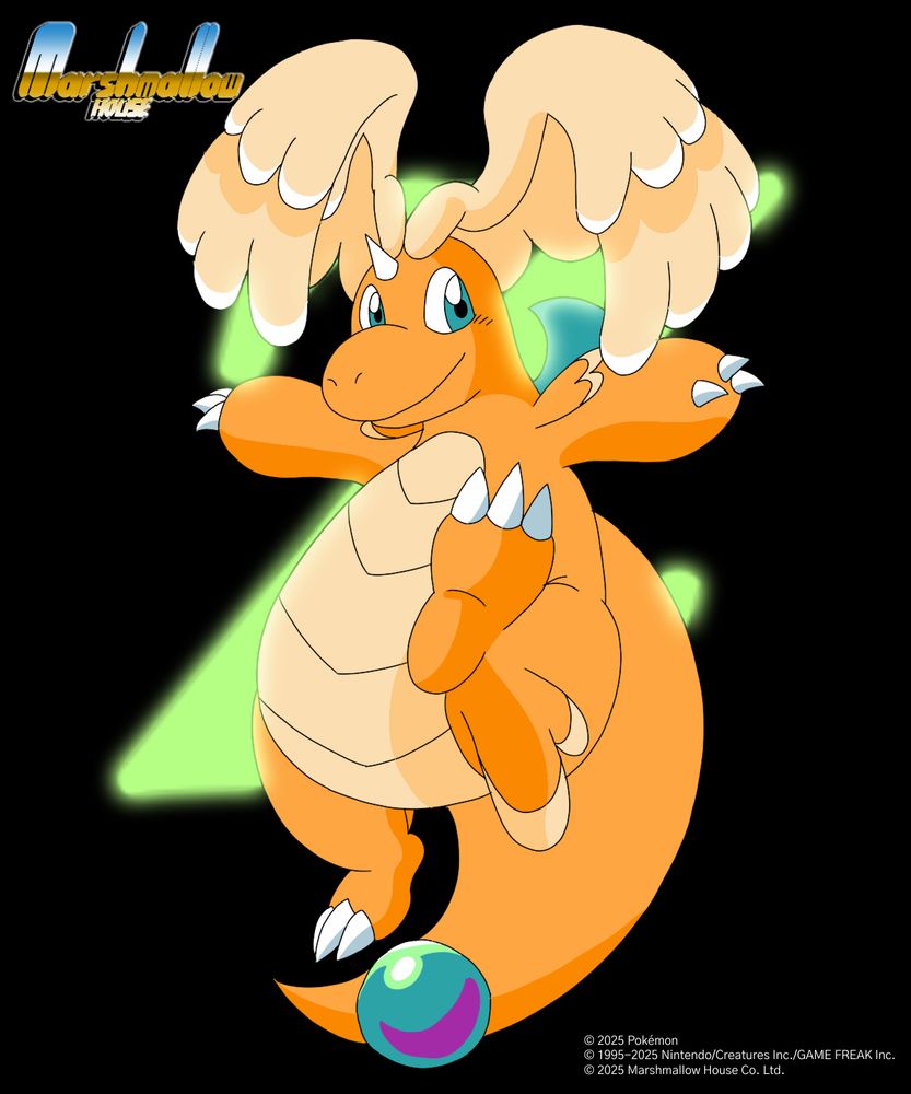 The newly revealed Mega Dragonite drawn in my artstyle. Like with the starters, it is behind a glowing "Z". There is also the "Marshmallow House" watermark and copyright info.