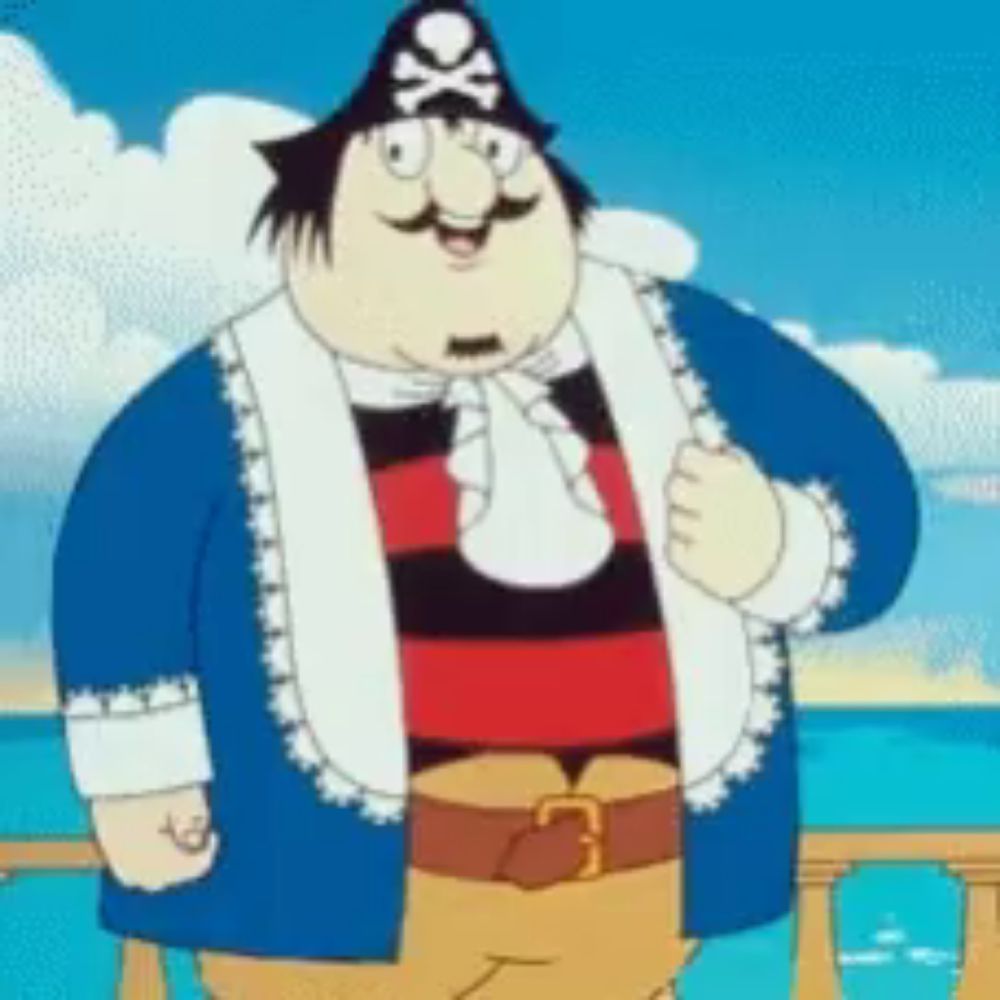 a cartoon character with a skull and crossbones hat on