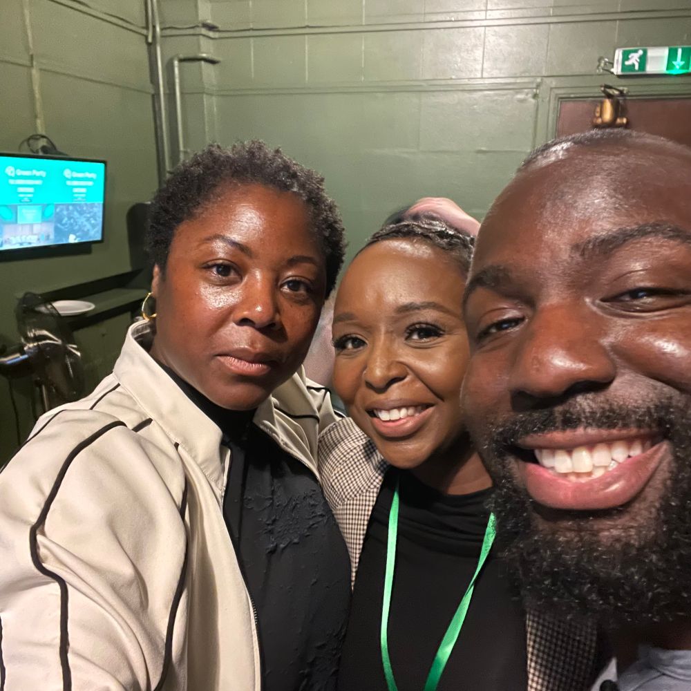 Antoinette,Tope and Femi in the green room at Conway Hall during the London Green Party Conference November 2025. 