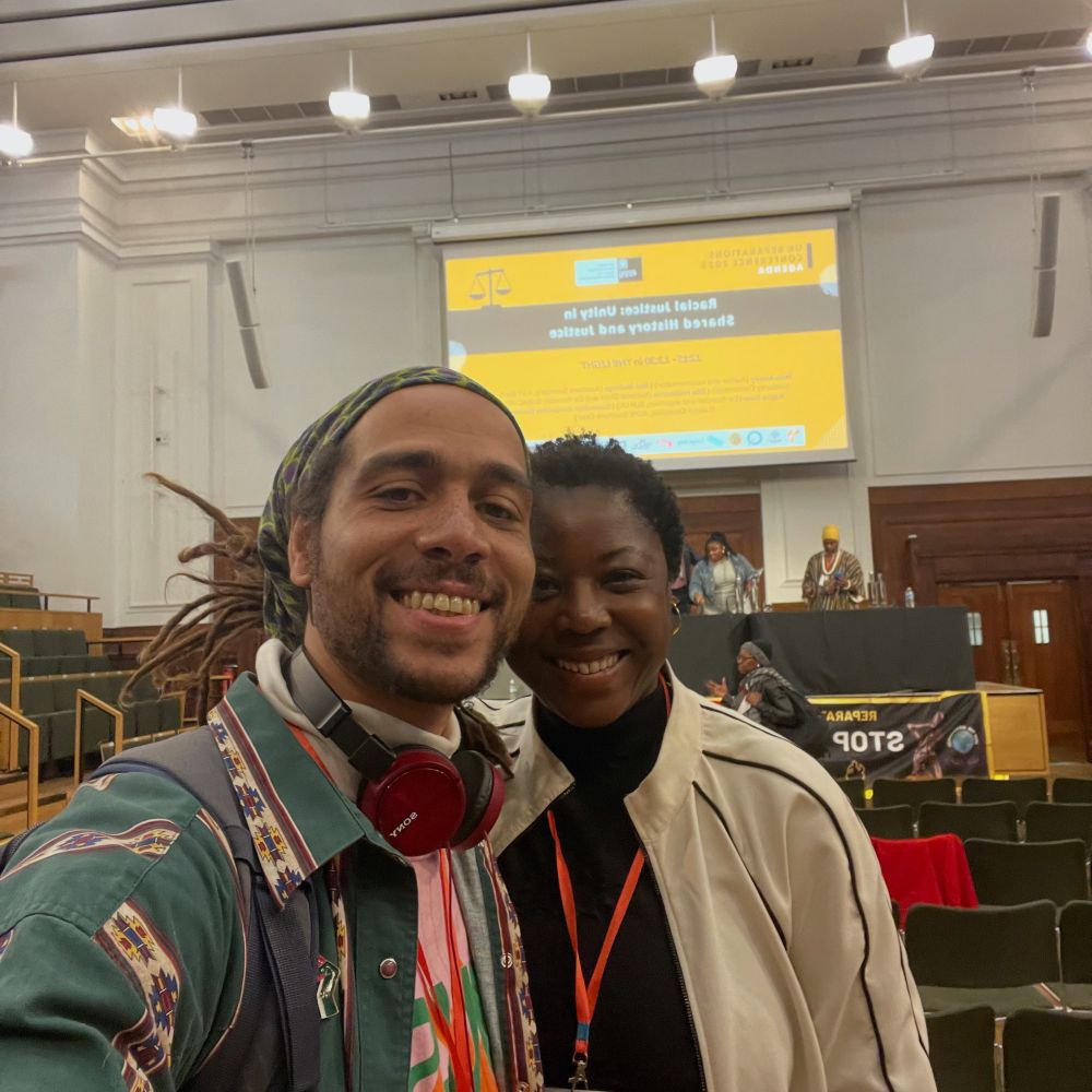 Tyrone Scott and Antoinette Fernandez in the main hall of Friends House, named The Light, for the All Party Parliamentary Group’s UK Reparations Conference 2025
