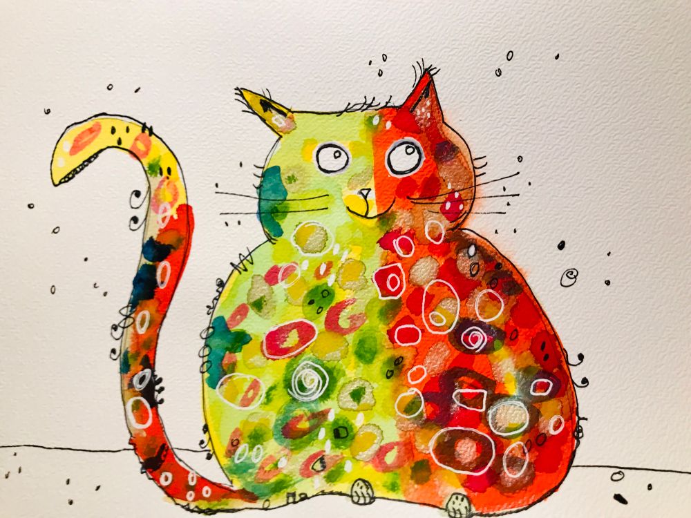 Bunte Katze in Aquarellfarben. Zuvor das Bild sind bunte hohe Häuser in Aquarell 