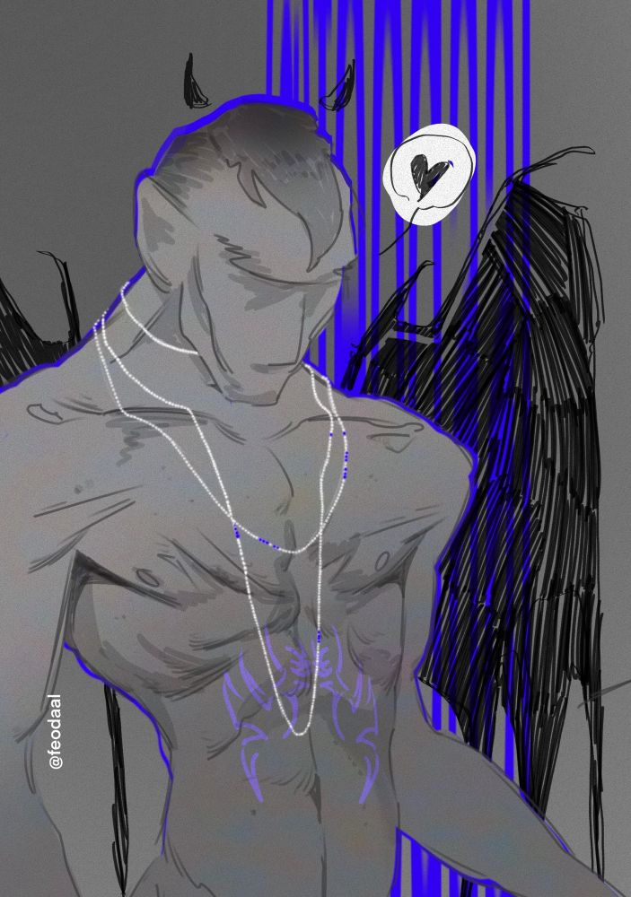 Standing male figure with dark wings and a blue silhouette highlight, speech bubble shows a heart and he’s wearing a layered necklace with with and blue pearls 