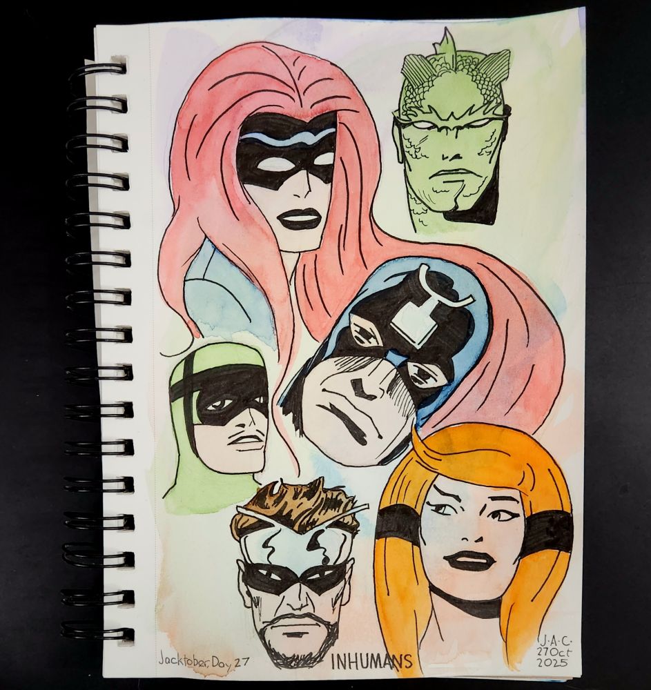 My watercolor and ink drawing of Marvel Comics heroes, the Inhumans. It depicts only their heads. Top row, left to right, Medusa and Triton. Middle row, Karnak and Black Bolt. Bottom row, Gorgon and Crystal 