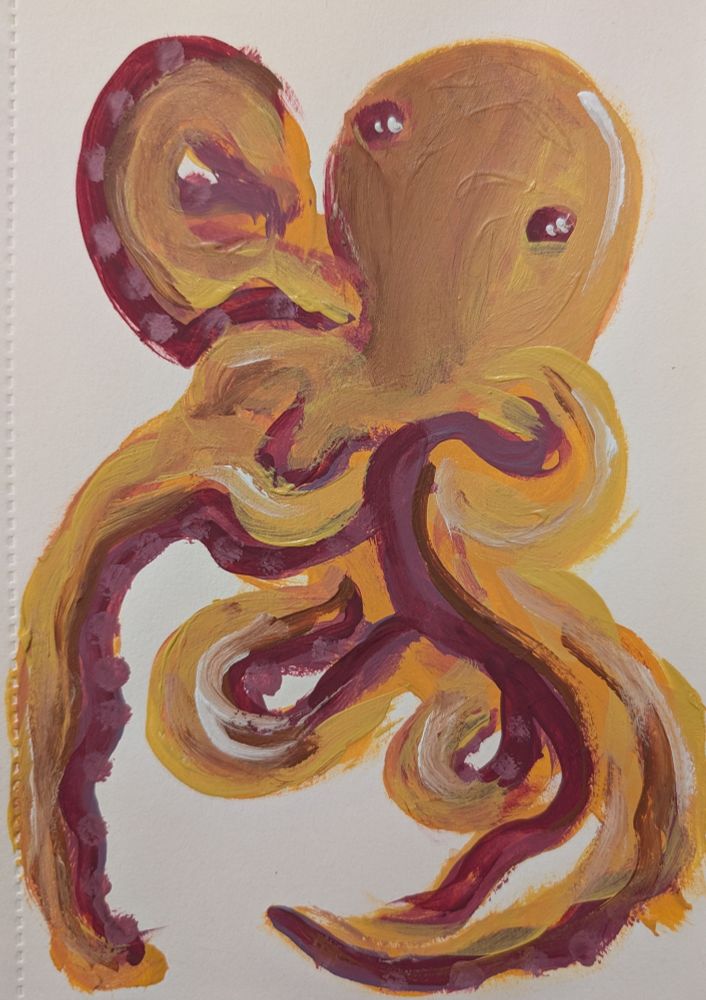 An orange and red acrylic painting of a cute octopus