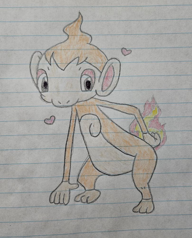 My sketch of Chimchar on lined paper