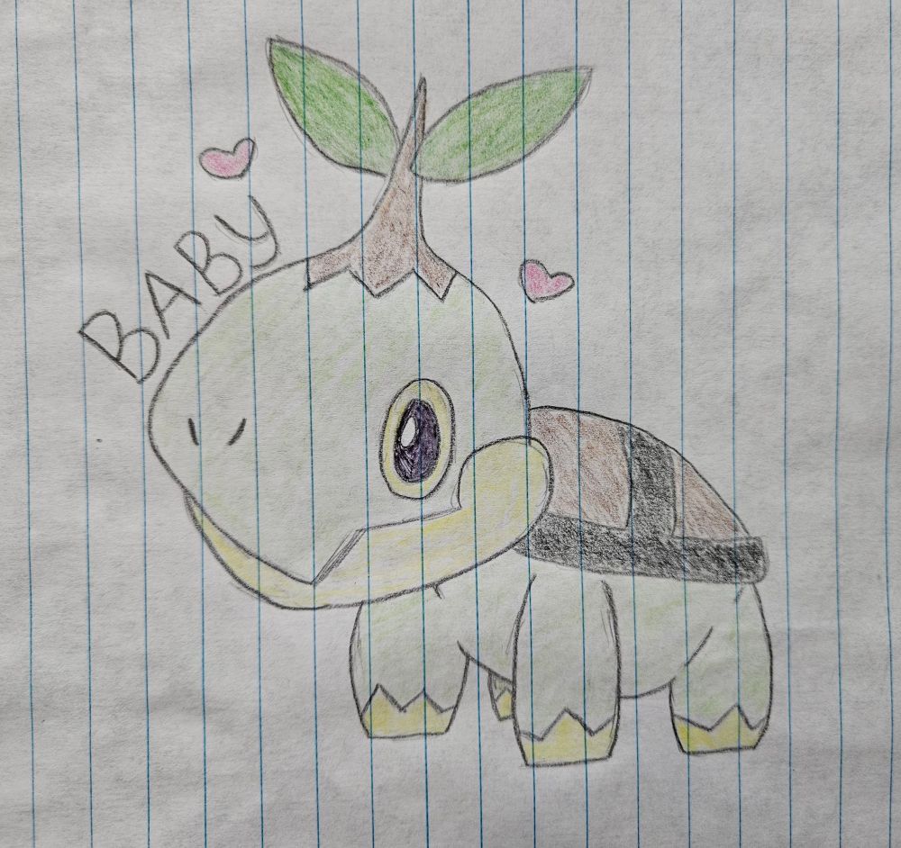 My sketch of Turtwig on lined paper