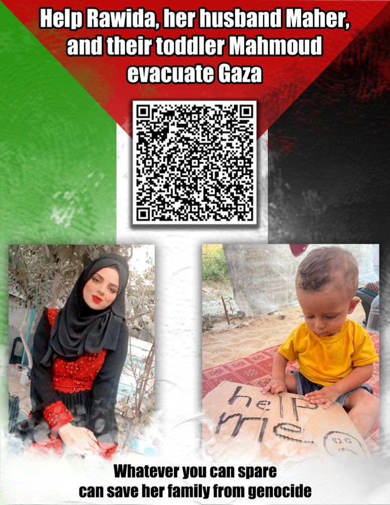 a fundraiser with a QR code for Rawida and her family, who need to raise money to escape genocide.