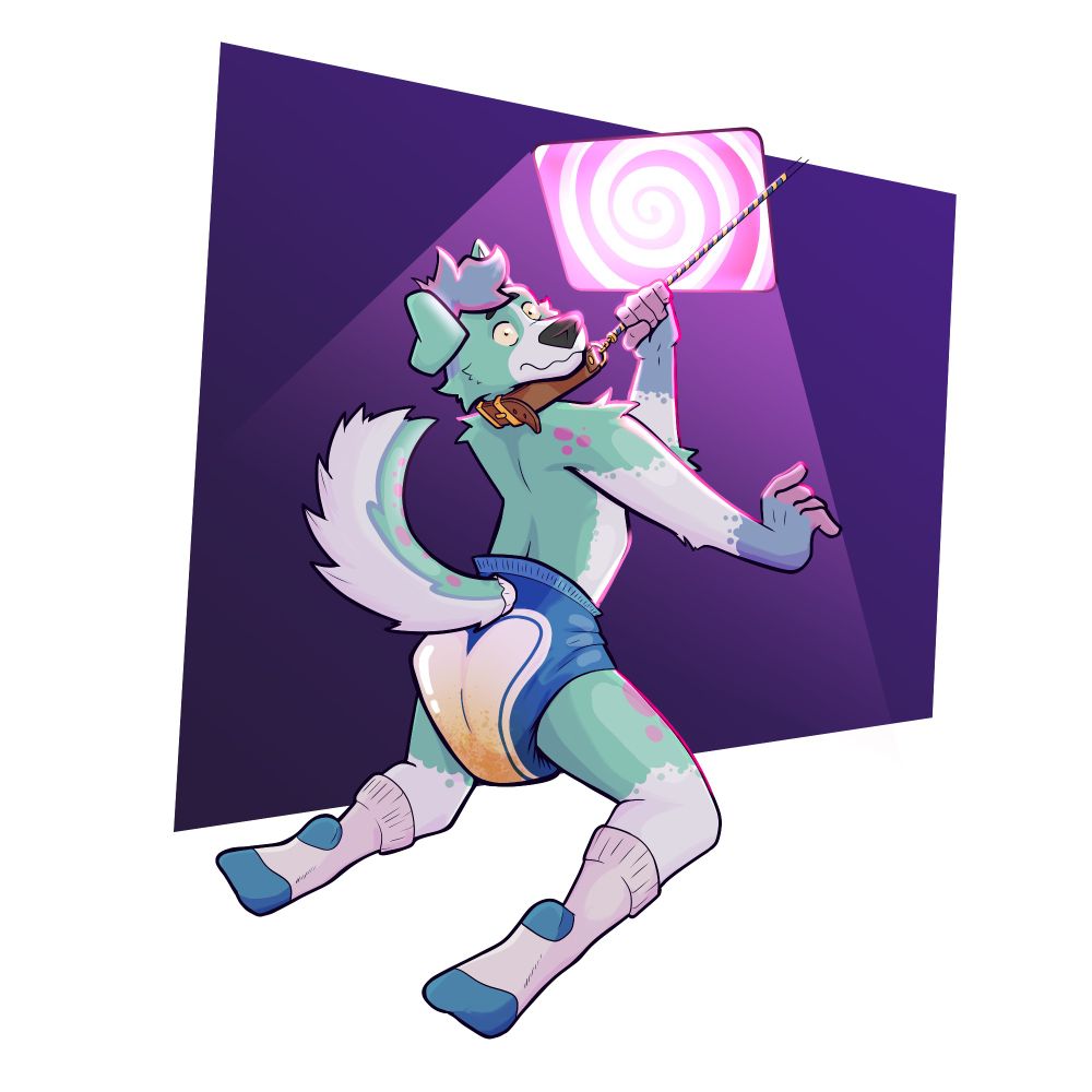 A turquoise and white puppy, on its knees looking over its shoulder at the viewer. Between his legs is a thick white and blue diaper, clearly sogged. Behind him, a glowing TV screen projects spirals. There's a tight collar tugging the puppy's head to look at the screen. 