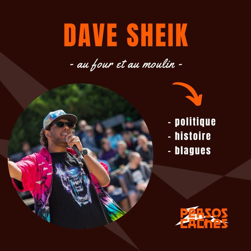 Première partie du portrait de Dave Sheik.
On y voit son avatar et on y lit : 
« Dave Sheik : au four et au moulin » ainsi que trois mots clés qui le caractérisent : « politique, histoire, blagues ».