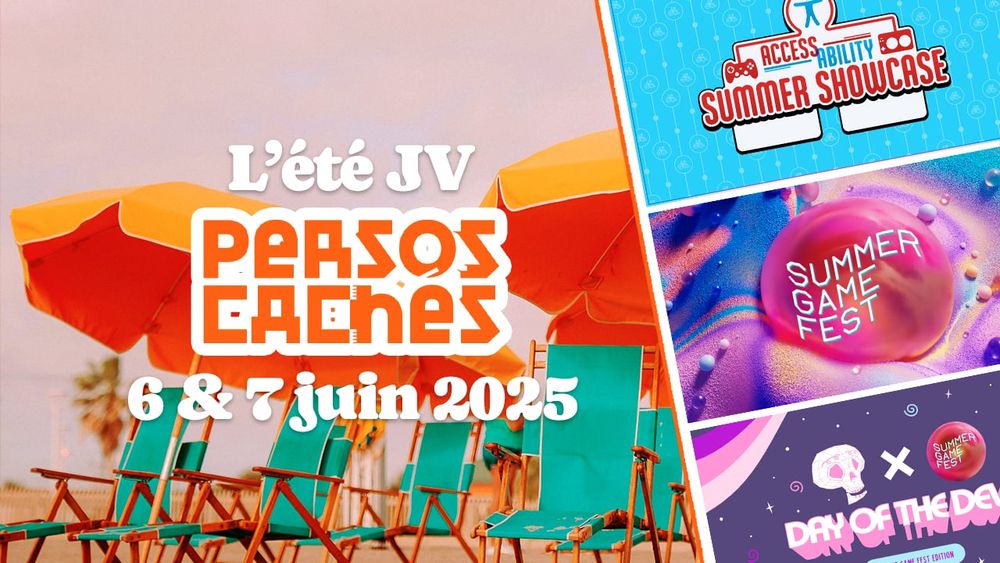 Image d’illustration pour annoncer l’été JV Persos cachés le 6 & 7 juin 2025. Sur l’image on peut y voir un décor de plage avec des parasols le logo Persos cachés et les images d’annonce des conférences. 