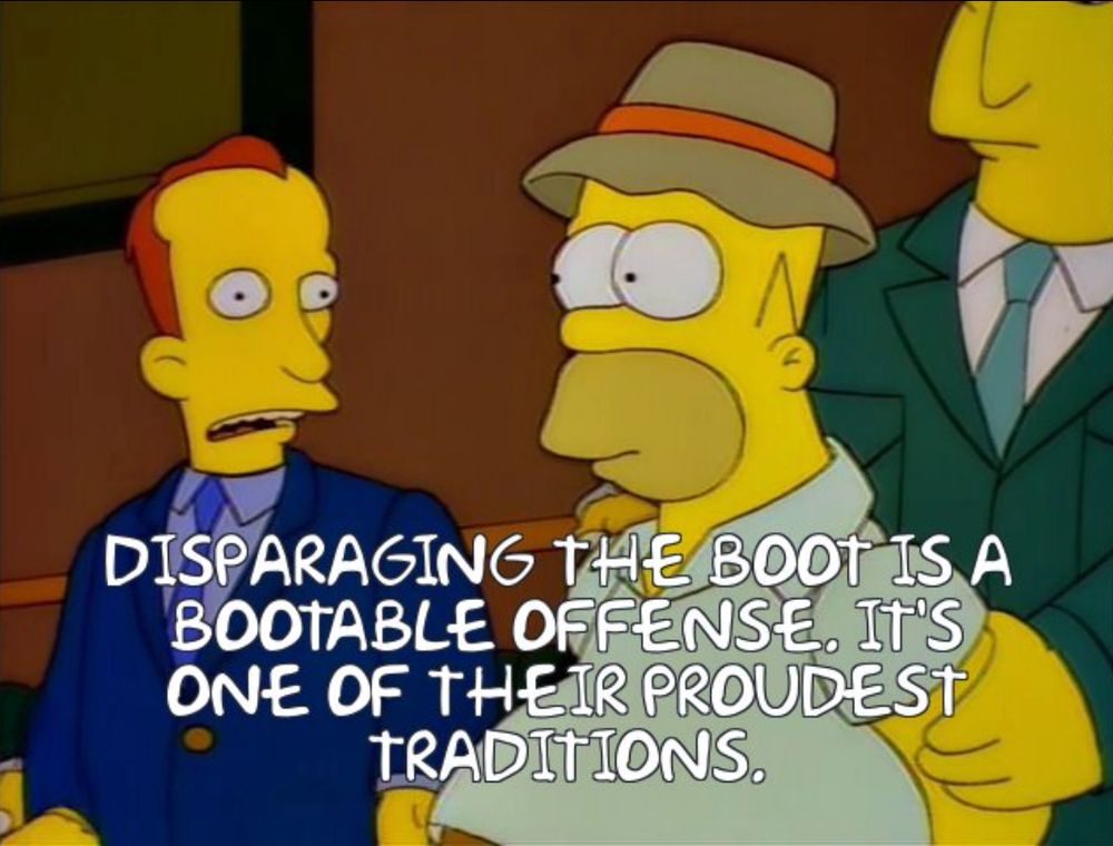 Scene from The Simpsons s6e16, Bart vs Australia. An American Embassy lawyer is saying to Homer (who is being restrained by an Australian security official) 