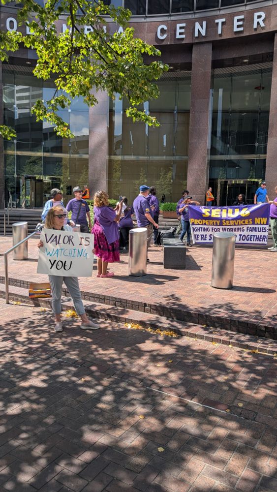 Action outside Valor Equity Partners' Columbia Tower office in Seattle. Community and labor allies protesting Antonio Gracias and Valor's role in DOGE, deportations and the surveillance state