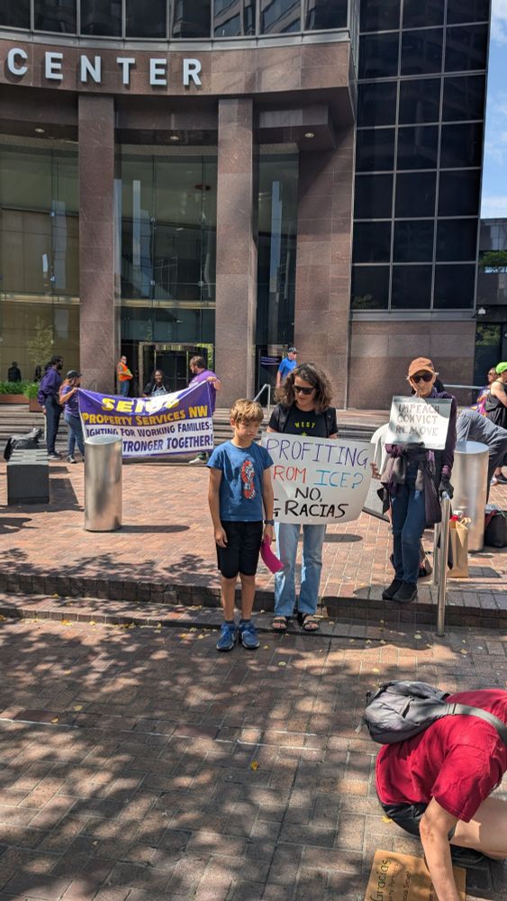 Action outside Valor Equity Partners' Columbia Tower office in Seattle. Community and labor allies protesting Antonio Gracias and Valor's role in DOGE, deportations and the surveillance state