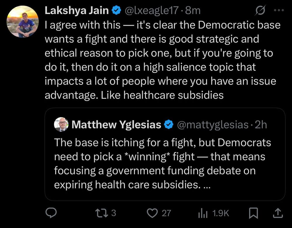Tweets from Iggy and Lakshya saying the only condition Dems should demand to fund the government is an agreement to extend current ACA subsidies for one year. 