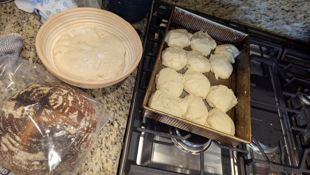 A baked bread, a rising bread, and rolls rising in pan 