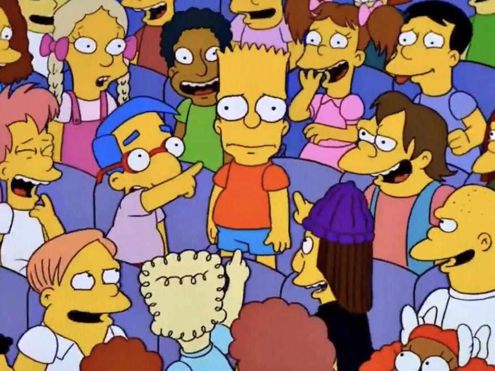 a scene from the simpsons where bart is standing in the middle of a crowd of his classmates. everyone around him is pointing, laughing, and clearly amused, while bart looks confused and unimpressed. milhouse is at the forefront, gleefully pointing at bart, and nelson is in the background mid-laugh with his signature 'ha-ha!' expression. the atmosphere perfectly mirrors the feeling of gaining a large audience that acknowledges your presence but never interacts with your work