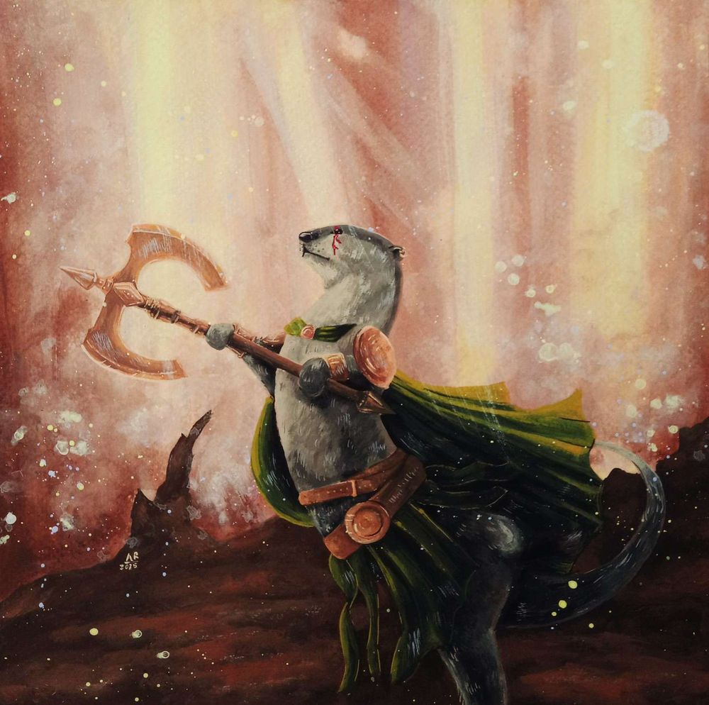 Peinture carrée à la gouache représentant une loutre anthropomorphe tenant une hache à deux têtes dorée, en équilibre sur une patte dans un mouvement dynamique. Elle porte une cape verte, un pagne de la même couleur avec une ceinture à grosse boucle dorée et a une cicatrice à l'oeil. Le fond est flou, comme un intérieur de donjon en ruine que la lumière transperce.