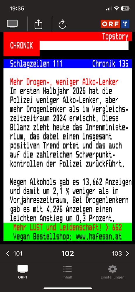 Teletext Artikel über die Verschiebung des Verhältnisses von Alkohol-, zu Drogenlenkern. 