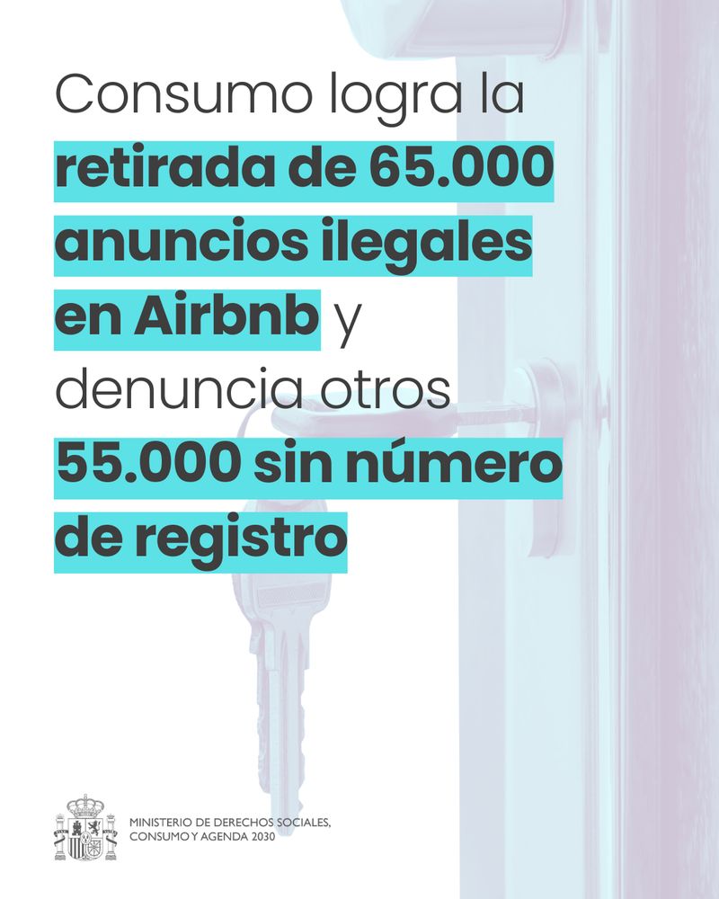 Consumo logra la retirada de 65.000 anuncios ilegales en Airbnb y denuncia otros 55.000 sin número de registro

