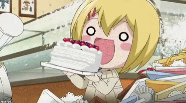 a cartoon girl is holding a cake in her hand and making a face .