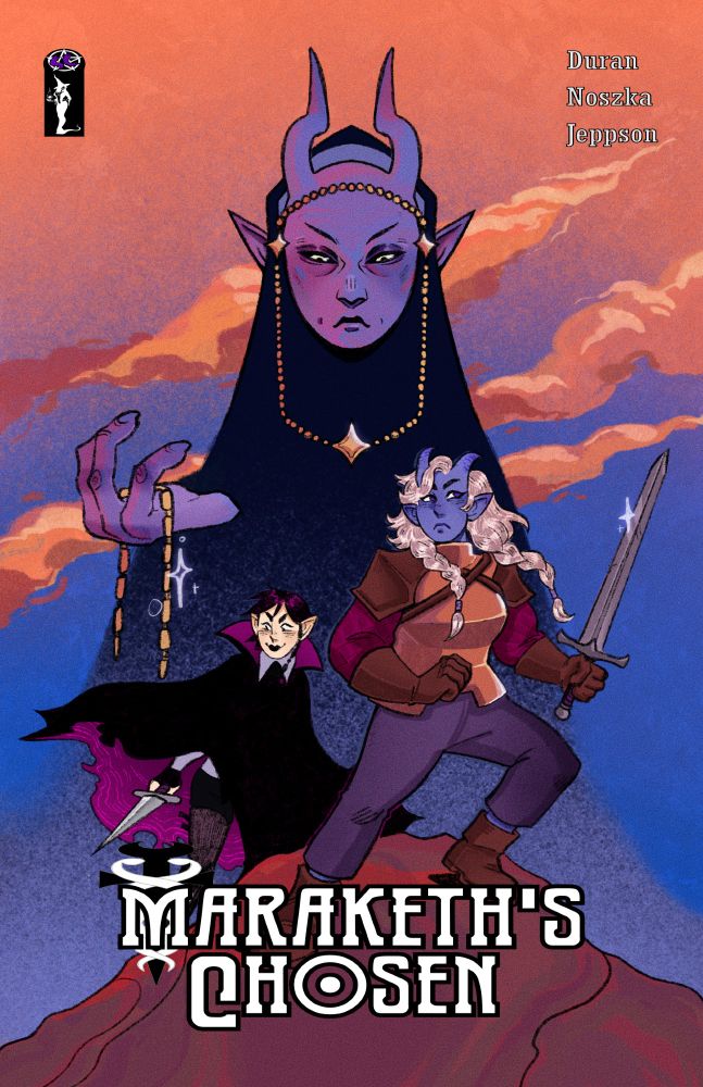 A sunset-colored cover of the web-comic Maraketh's Chosen, by James Duran, Norn Noszka, and Aubrey L. Jeppson. A looming hooded figure towers above the two female protagonists, who are armored in fantasy attire.