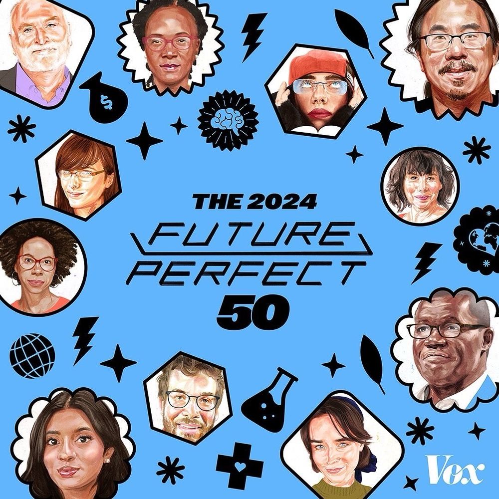 blue graphic that reads the 2024 future perfect 50 with box logo in the bottom right corner. The frame is decorated with black clip art style cartoons and drawn pictures of folks faces in frames