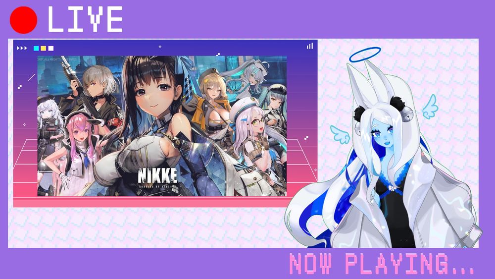 A angelic blue bunny looking at the camera and smiling. There is a thumbnail of Goddess of Victory Nikke with a variety of beautiful girls on the cover of the game.
