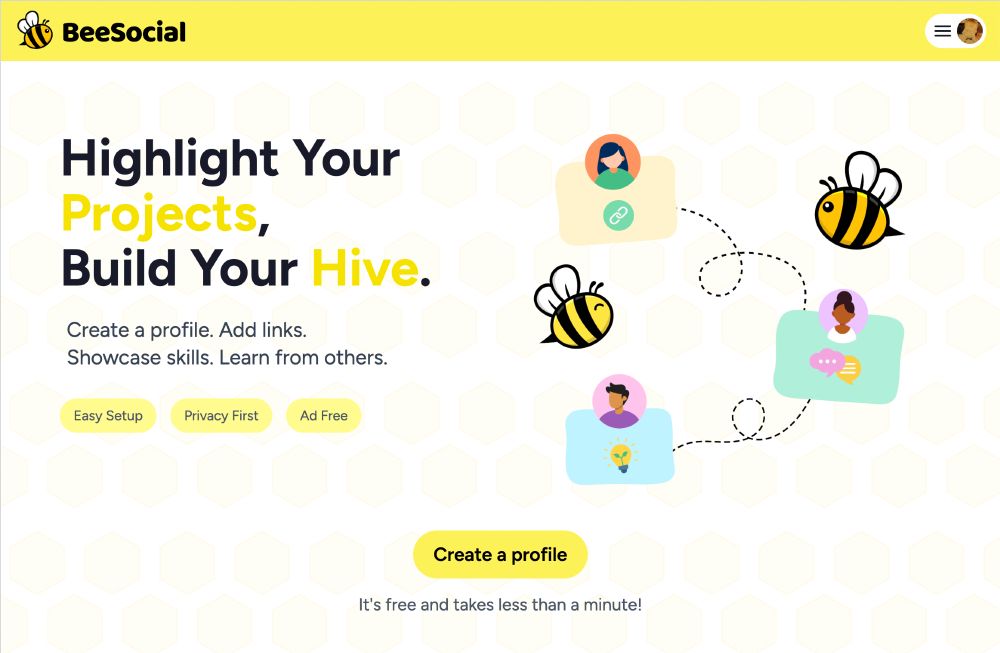 Landing page for beesocial.dev. Highlight your projects, build your hive.
