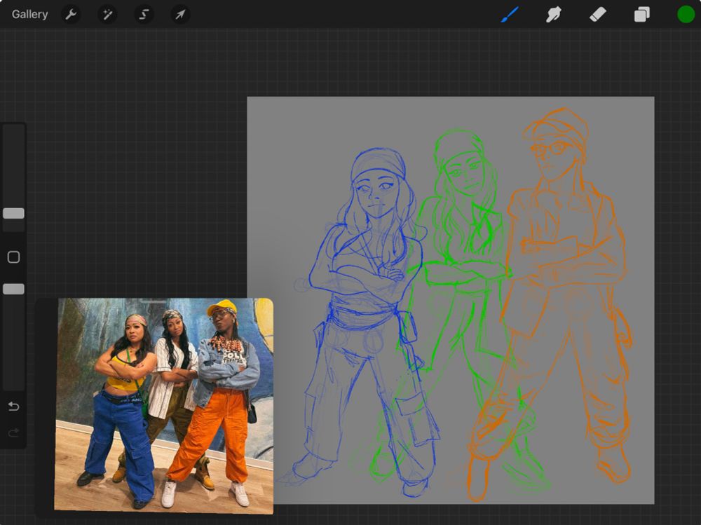 sketch of rubina chelsie and t’kor with a reference photo to the left 