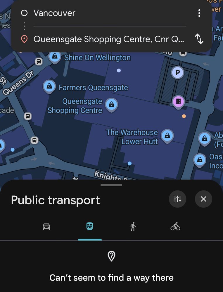 Google maps not finding a route from Vancouver to a shopping mall in Wellington