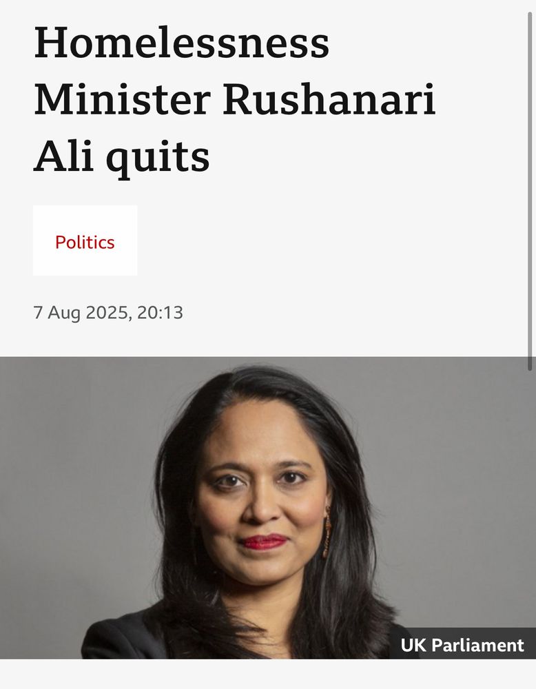 BBC News article: Homelessness minister Rushanara Ali quits