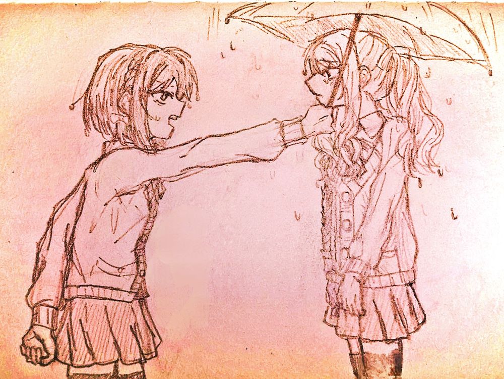 Ena holding out a badly drawn umbrella for Mizuki in the rain 