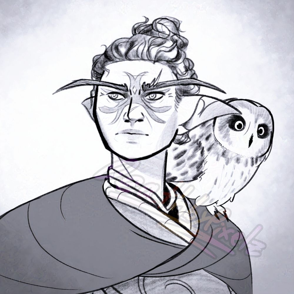 Black-haired night elf Sentinel with her short-eared owl companion