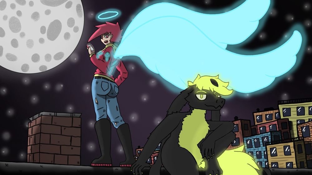 Firefly holding a phone as she looks over her shoulder. Phantom sitting on the edge of the roof their on. A bright moon in the sky with shining stars. Bright blue wings and halo on firefly.