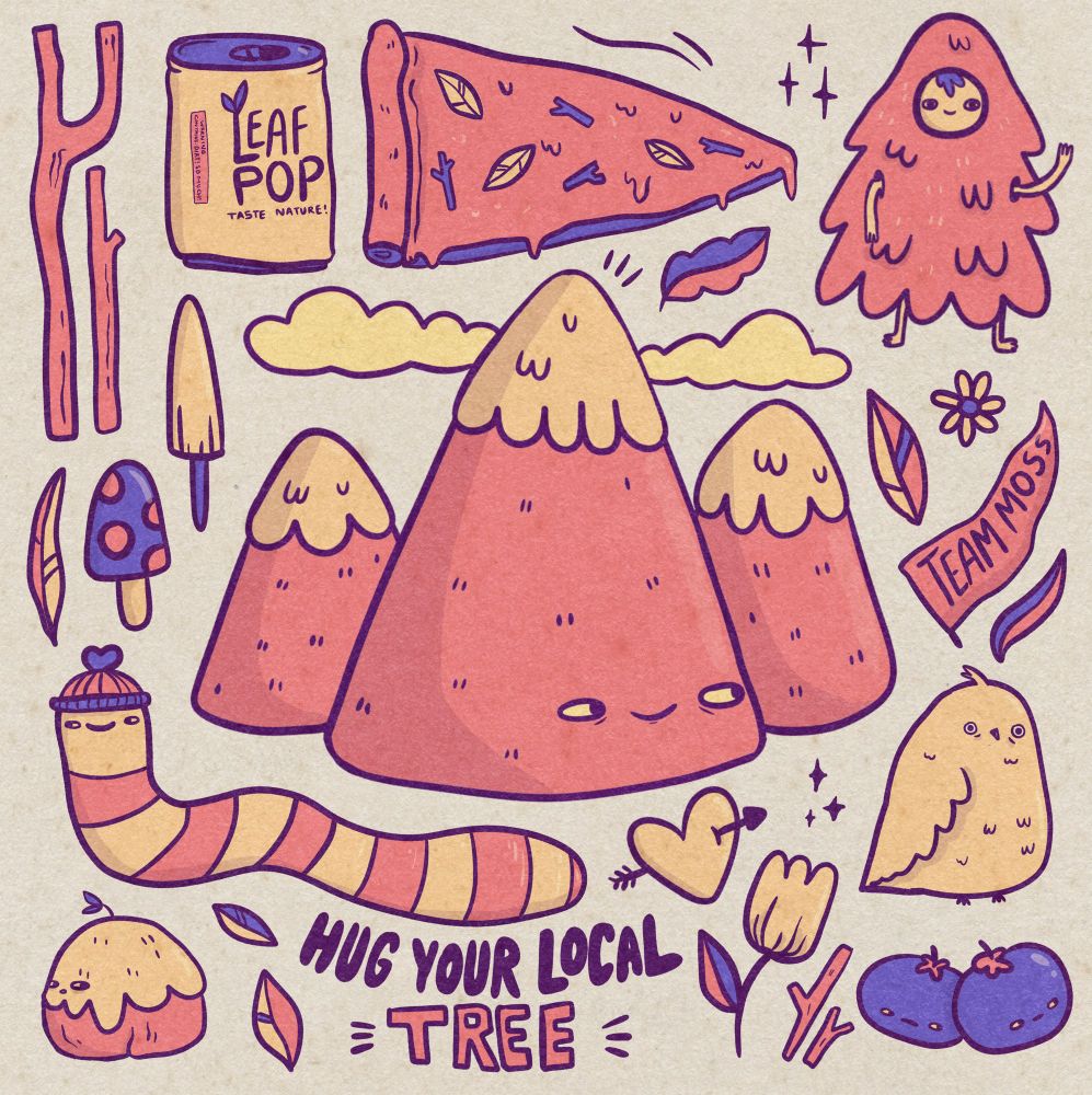 Digital doodle page that is nature themed. There’s mountains, a cute worm, mushrooms and leaves. There’s text on the drawing says “hug your local tree” and there is a little flag that says “team moss” 
There is also a pizza topped with sticks and leaves and a can of leaf flavoured fizzy drink. 
