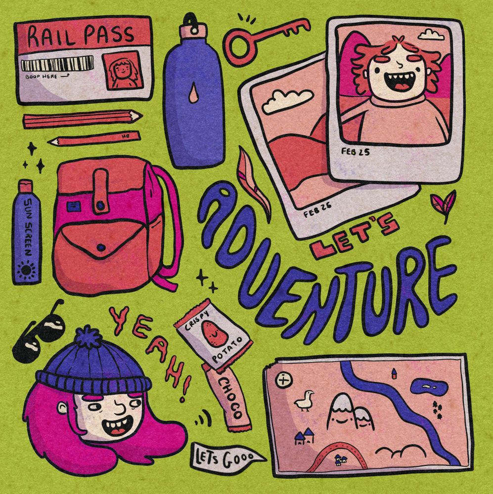 An adventure and travel themed illustration. There’s snacks, a backpack, a map and other supplies you might need for an epic quest! The word “Lets Adventure” are written between these drawings.