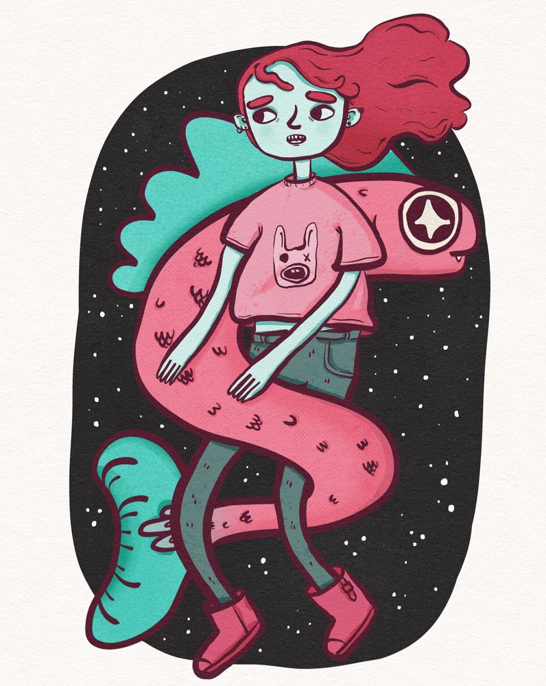 A digital illustration of a girl floating in space with a long big space fish wrapped around her